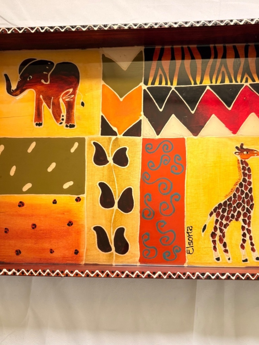 S African Hand Painted NWT Elsona Wooden Tray Animals Plants Geometric 15 x 12